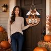 Wooden Round Halloween Door Sign Hanging Decoration Outdoor Porch Patio Party Seasonal Welcome Sign with Bow and Bat Cutouts