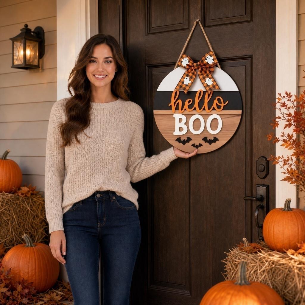 Wooden Round Halloween Door Sign Hanging Decoration Outdoor Porch Patio Party Seasonal Welcome Sign with Bow and Bat Cutouts