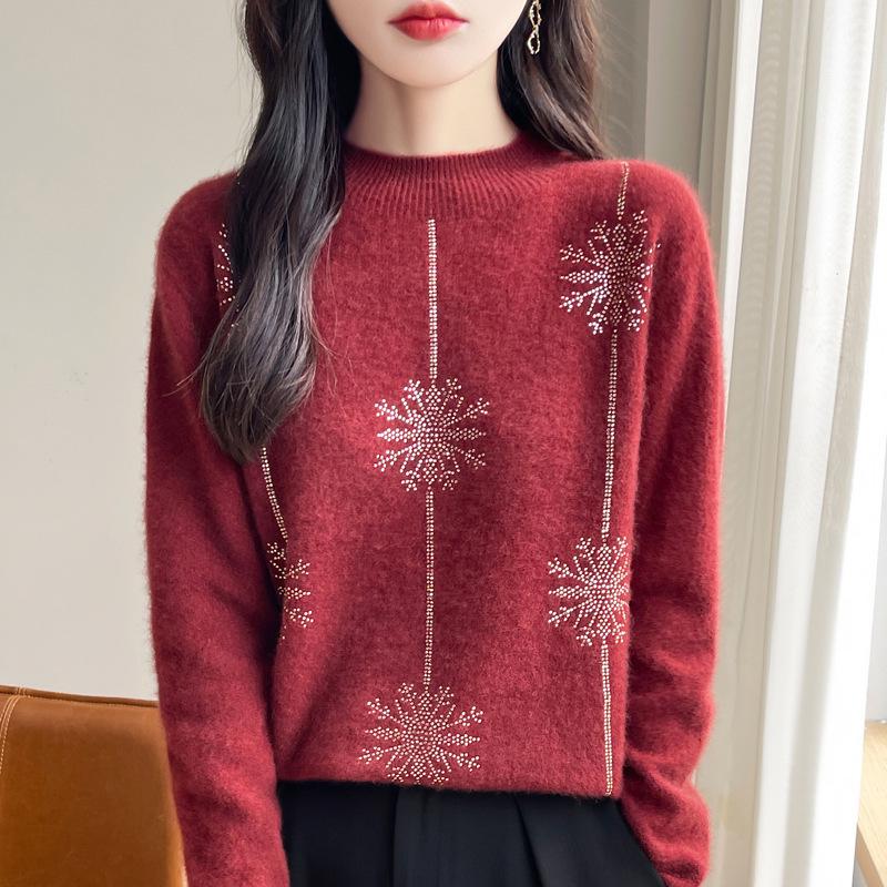 Women's Elegant Snowflake Rhinestone Half-High Collar Sweater - Velvet Loose Knit Pullover Base Layer for Autumn and Winter