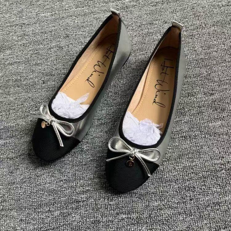Casual ballet flat bottom small fresh versatile gray bow with soft bottom square head shallow mouth single shoes