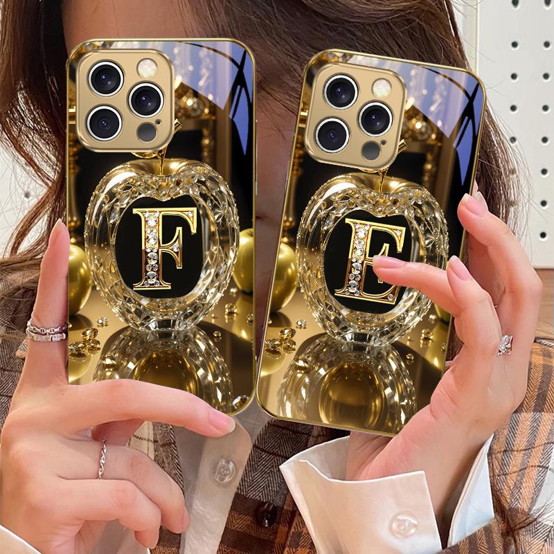 High end golden letter 'F' For IPhone 16 17Pro Max 15 P ro 14 13 Plus 12 Mini 11Pro Max XR 16E 17 Air Golden glass phone case