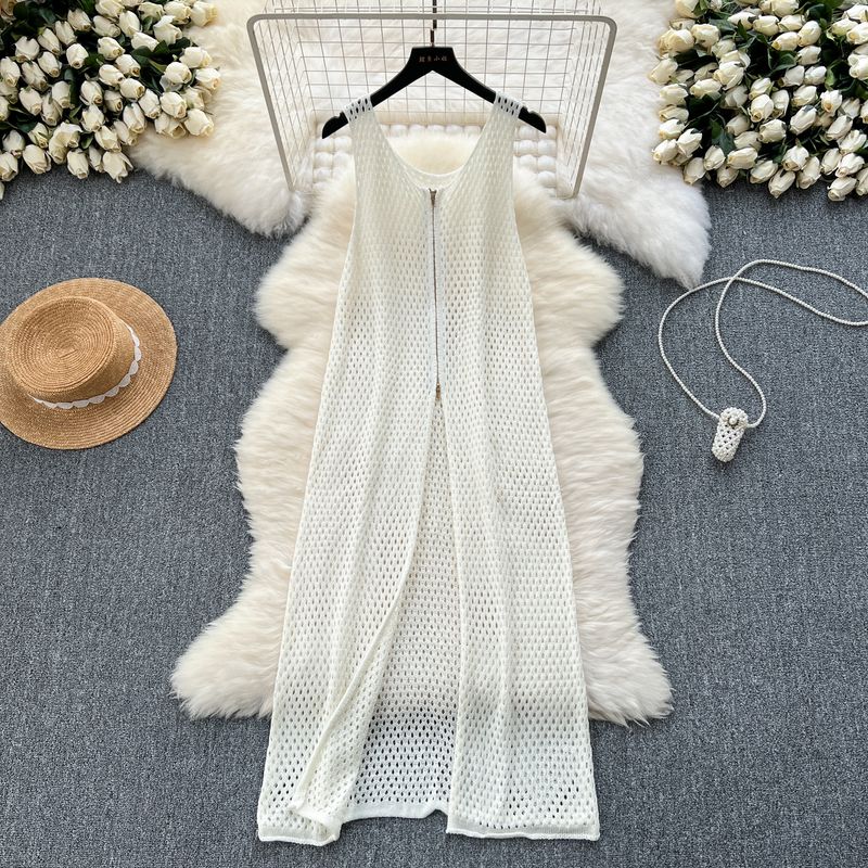 

Fashionable Bandage Dress Stylish Zipper Split Vest Tops White All yards