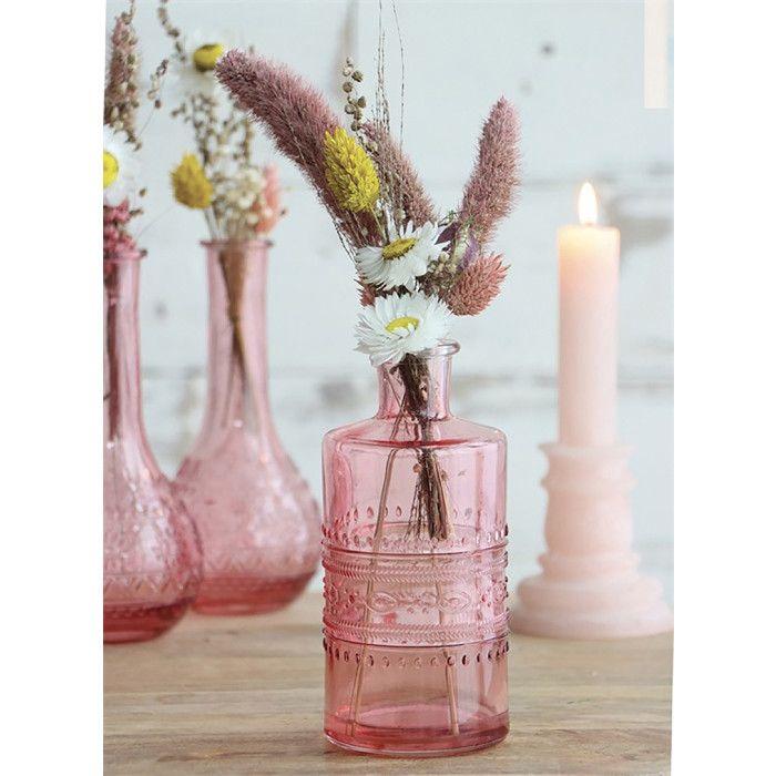 Vase Vintage en verre à reliefs - Rose - 7,5 x 15,8 cm