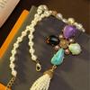 Vintage Four Leaf Clover Pearl Tassel Pendant Western Antique Necklace Versatile Natural Stone
