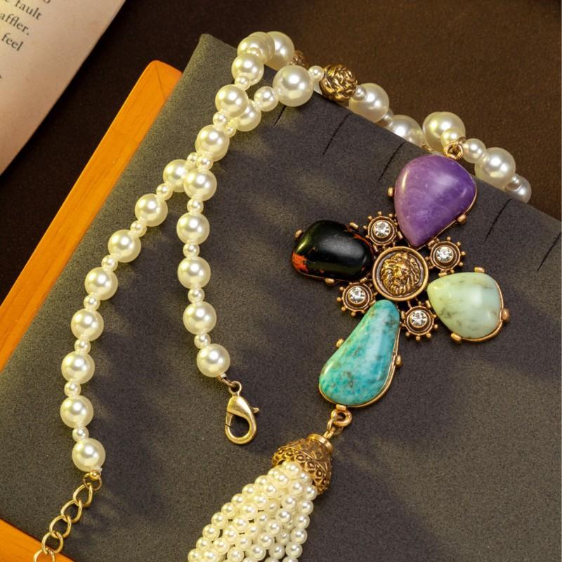 Vintage Four Leaf Clover Pearl Tassel Pendant Western Antique Necklace Versatile Natural Stone