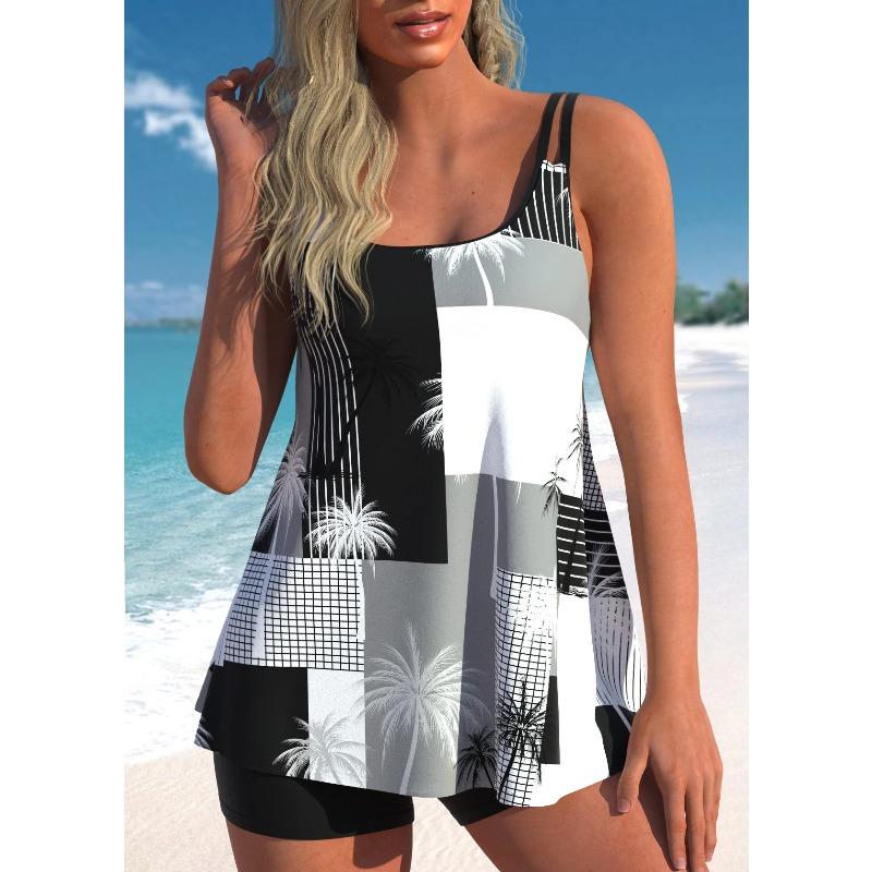 Nowe Letnie Plażowe Nowe Damskie Bikini Dwuczęściowy Strój Kąpielowy Kolorowy Liść Nadruk Sznurowana Sukienka Plażowa S-6XL
