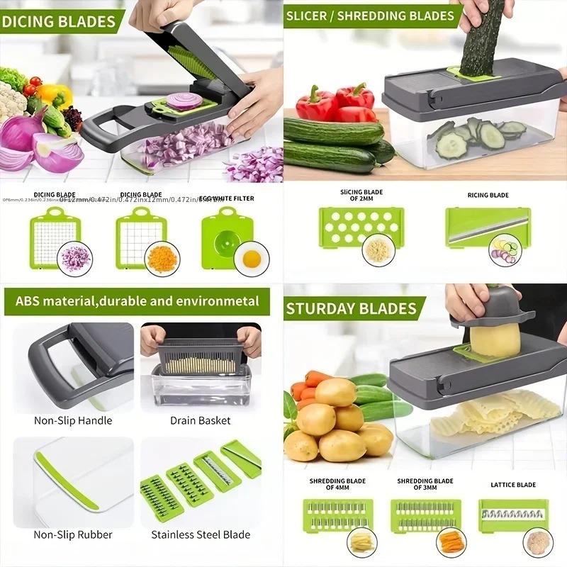 14/15/16 In 1 Multifunctional Vegetable Chopper Slicer Shredder with Basket Fruit Slicer Potato Shredder Carrot Grind Gadgets