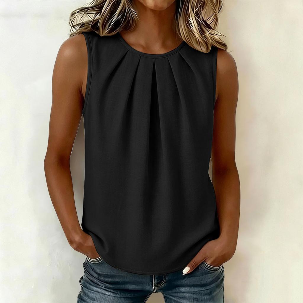 Women Sleeveless Pleated Crew Neck Loose Fit Blouse Solid Basic Casual Top for Daily Office Wear