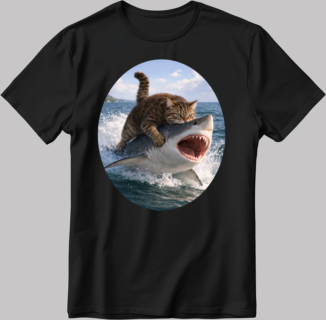 Cat Biting Shark Funny Cat and Shark Black White Men/ Women T Shirt AA02 2XL