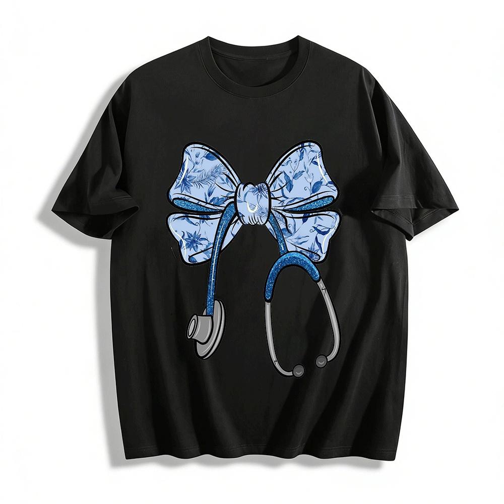 Floral Bow Stethoscope Print Medical Themed Casual Top Pure cotton T-shirt XXS