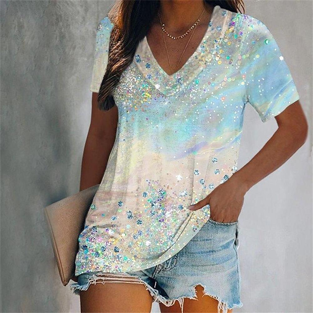 Fashion V-Neck Short Sleeve Colorful Tassels Print T-Shirts Summer Casual Elegant Women's Large Size T-Shirts