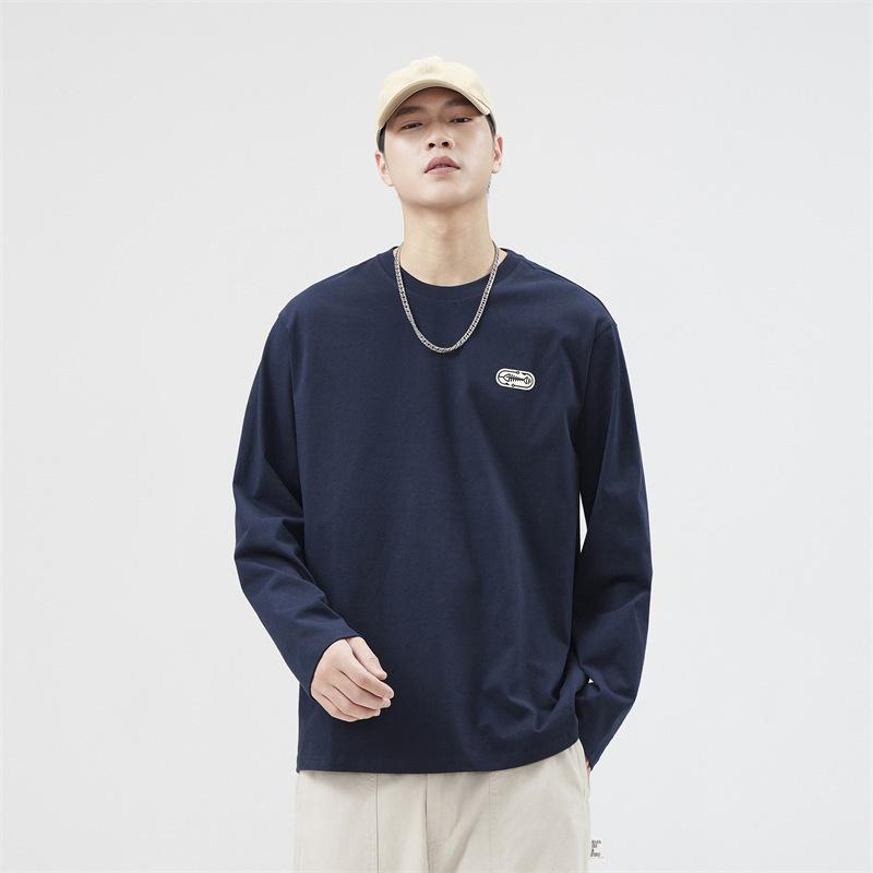 New Heavyweight Long-sleeved T-shirt for Men's Printed T-shirt Loose Round Neck Slightly Lowered Shoulder Length T-shirt