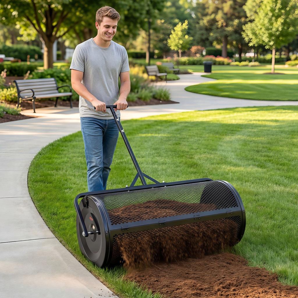 Compost Spreader, 112 cm Wide Peat Moss Spreader with Push/Tow Handle, 4 Heights Adjustable, Powder-Coated Steel Garden Peat Moss Roller, Heavy Duty