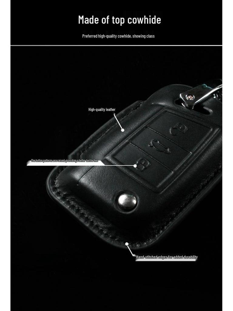 Genuine Leather Key Case for Volkswagen Sagitar, Lavida, Tiguan L, Lamando, Bora - 3D Full Wrap & One-Button Start.