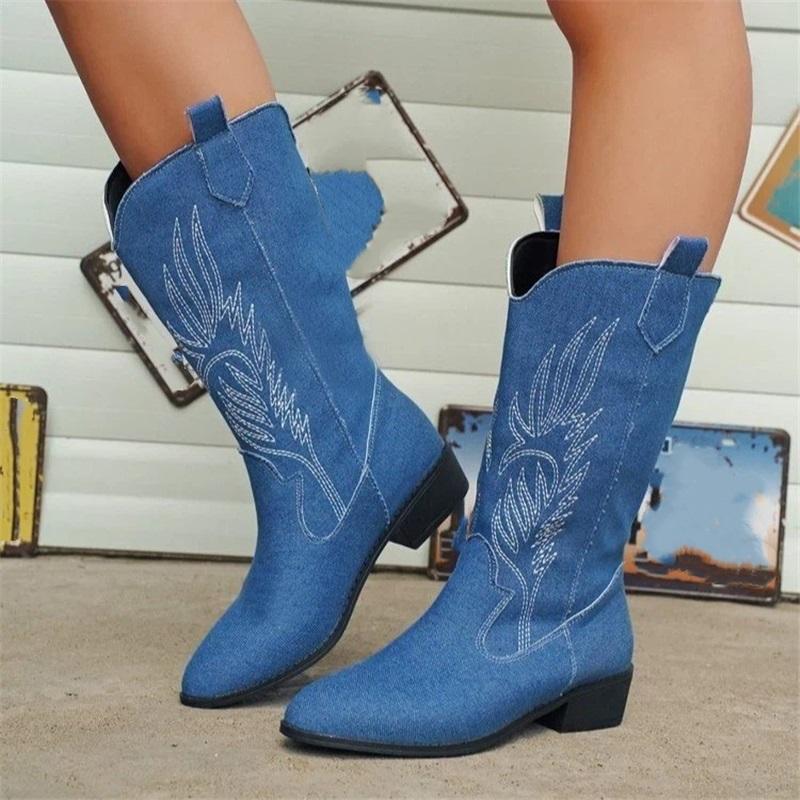 Stivali Alti da Cowboy Ricamati da Donna Punta Appuntita Tacco Chunky a Blocco Stivali Lunghi Western Calzature Moda Retrò per Autunno Inverno