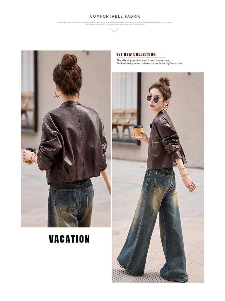 Women's 2025 Sheepskin Leather Jacket: Short, Round Neck, Petite Versatile, Trendy Coat