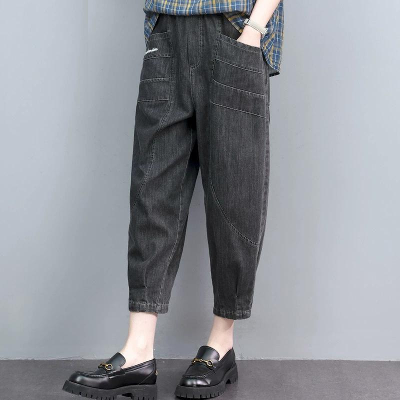 Damen Frühling und Herbst Vier Jahreszeiten Dünner Abschnitt Locker Hoch tailliert Denim Hunderte Stickereien Sieben-Minuten-Hose XXS gray