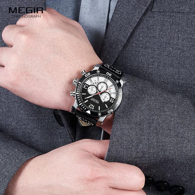 Men Casual Chronograph Watch Leather Strap Army Military Wristwatches Waterproof Luminous Quartz Watch
