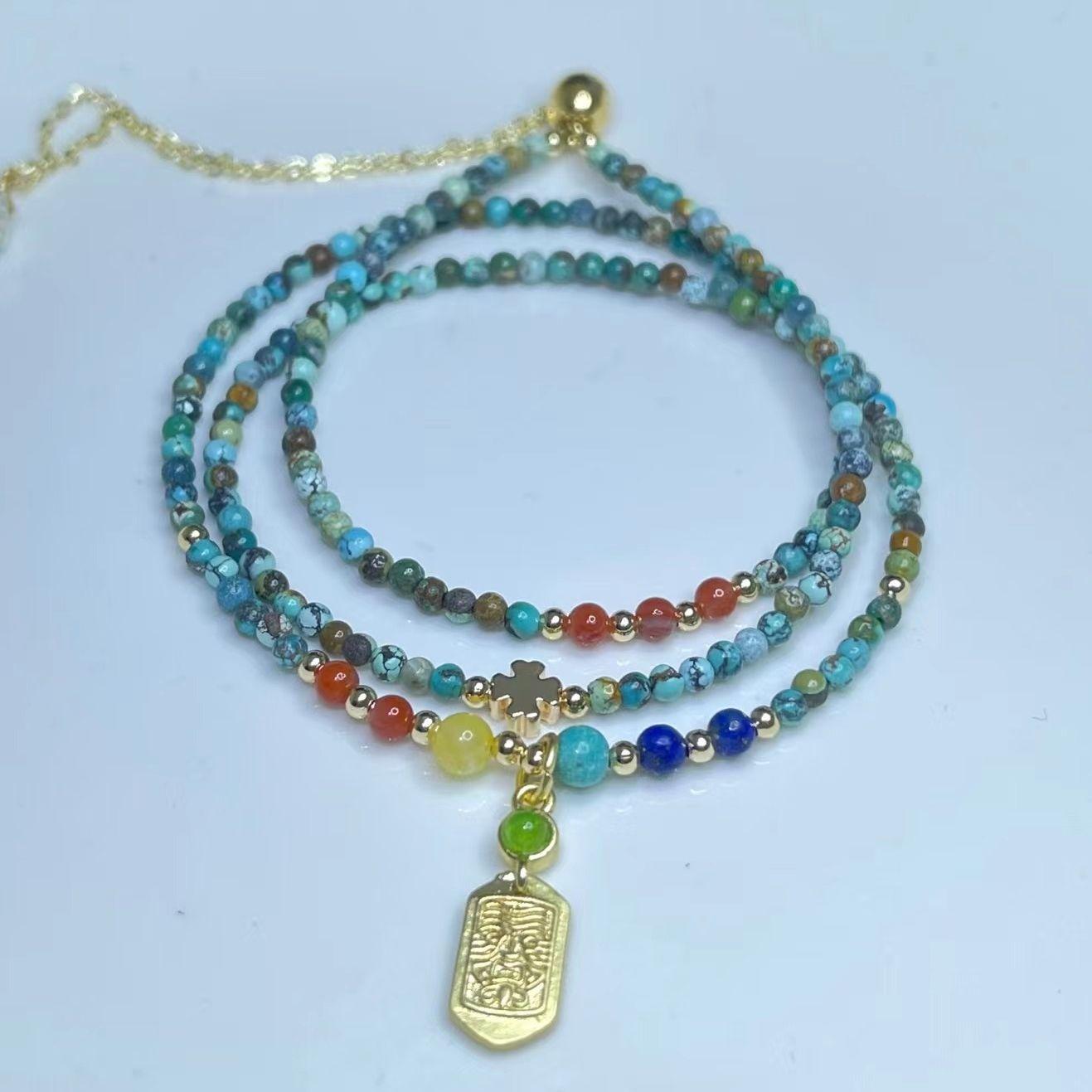 Natural, turquoise, lapis lazuli, Nanhong, beeswax, three-circle bracelet.