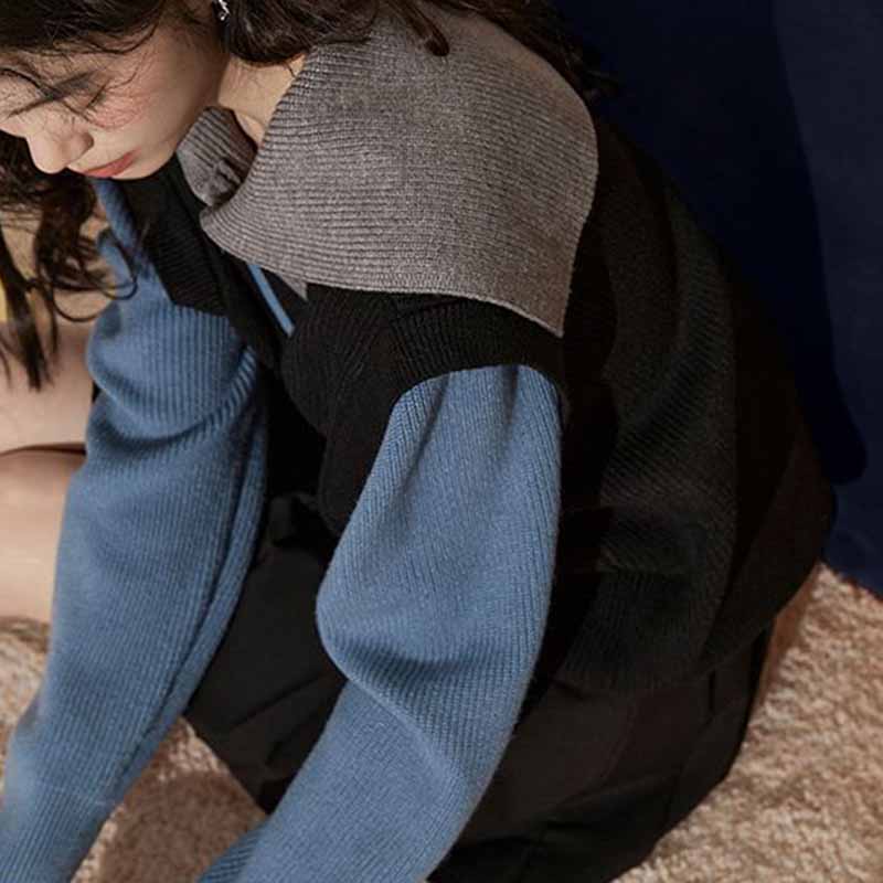 Navy Neck Half Zip Fake Two-piece Color Matching Pullover Women's Autumn and Winter Sweater