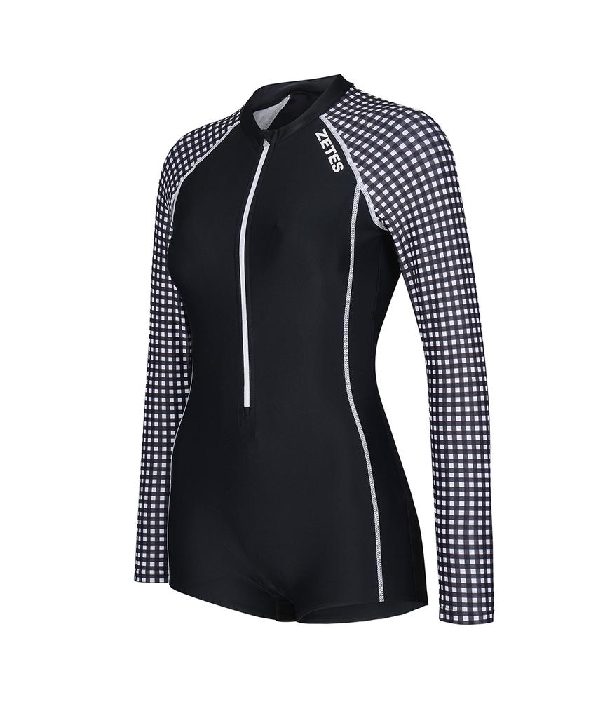 Jeteseu Women'S All-In-One Long Sleeve One-Part Suit Swimsuit Black Check L_4A028