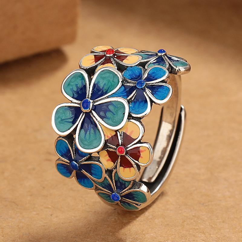 Retro Chinese Cloisonne Blossom Flower Ring For Women Punk Gothic Vintage Open Ring Handmade Designer Zircon Unisex Accessories
