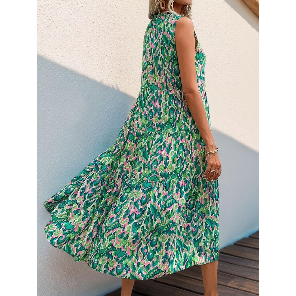 New European American Style Abstract Print Midi Dress, Summer Beach Vacation Casual Dress for Women