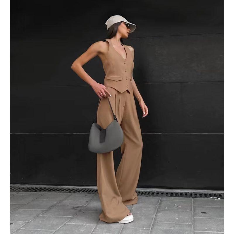 European and American Sexy Backless Halter Top Trousers Set Hanging Neck Vest and Pants Set
