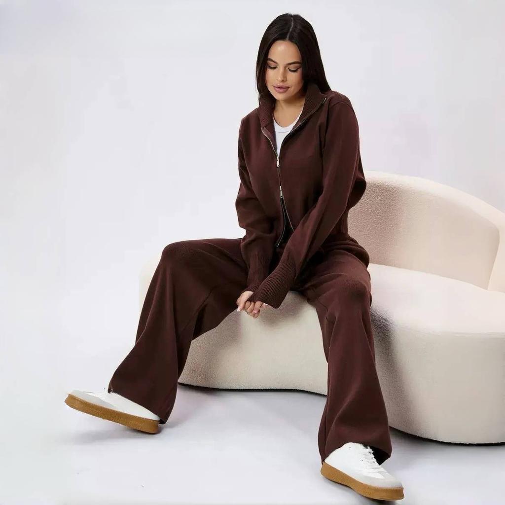 Fall New Fashion Long Sleeve Zipper Sweater Cardigan Long Pants Athletic Two Piece Casual Cardigan Set Women