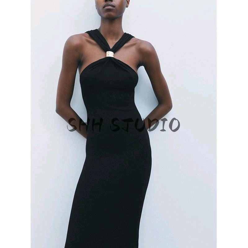 Spring New Women's Clothing Fashion Style Golden Inlaid Knitting Elegant Hanging Collar Dress 4938118