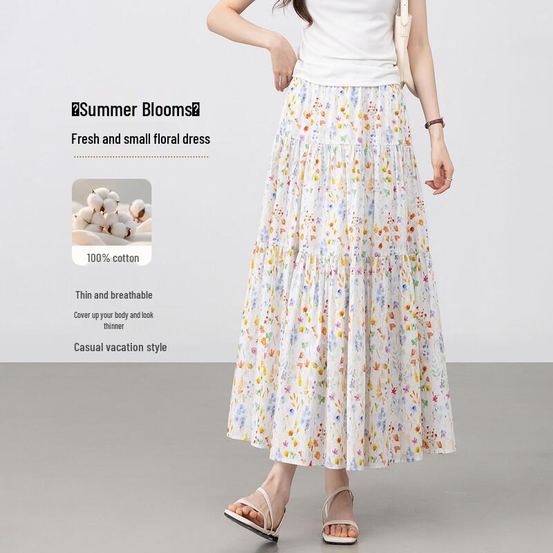 Women s Summer Floral 100% Cotton A-line Midi Skirt L