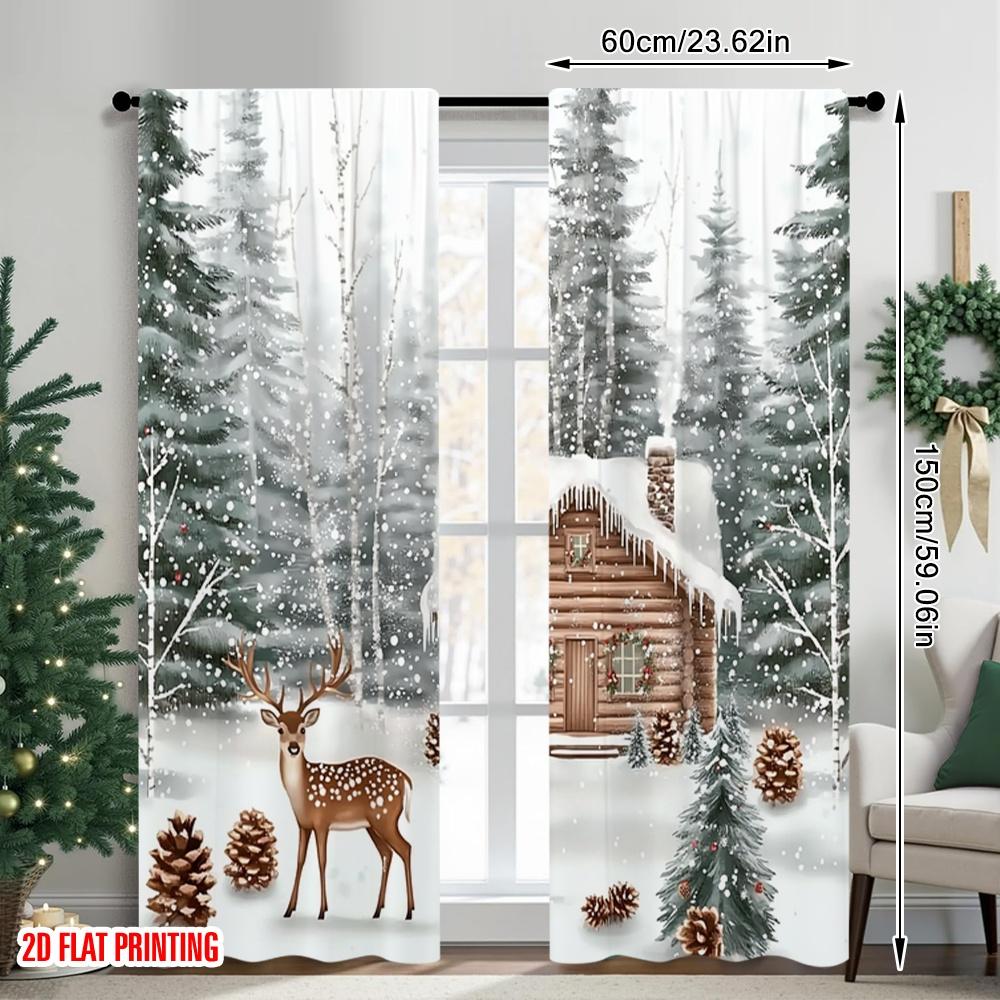 2pcs 2D Flat Printing Merry Christmas Curtains Winter Forest and Deer Christmas Digital Printed Polyester Drapes Spring Perfect