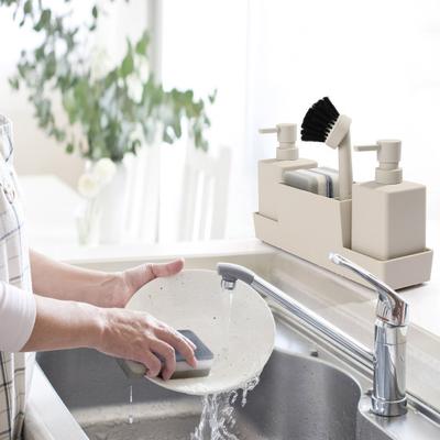 Multifunktionales Badezimmer-Organizer-Tablett mit 2 Seifenspendern, Reinigungsbürste, Küchenarbeitsplatte, Spülmittelflaschen-Schwammhalter-Ständer