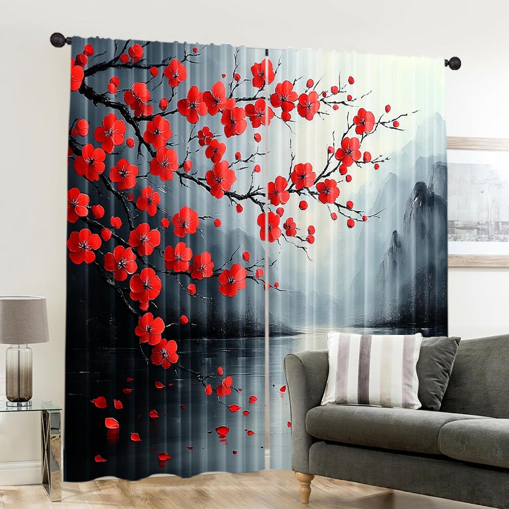 Spring Summer Curtains Red Plum Blossom Versatile Polyester Outdoor Decorations Perfect Bedroom Office Light Filtering Set Of 2 Made Decor