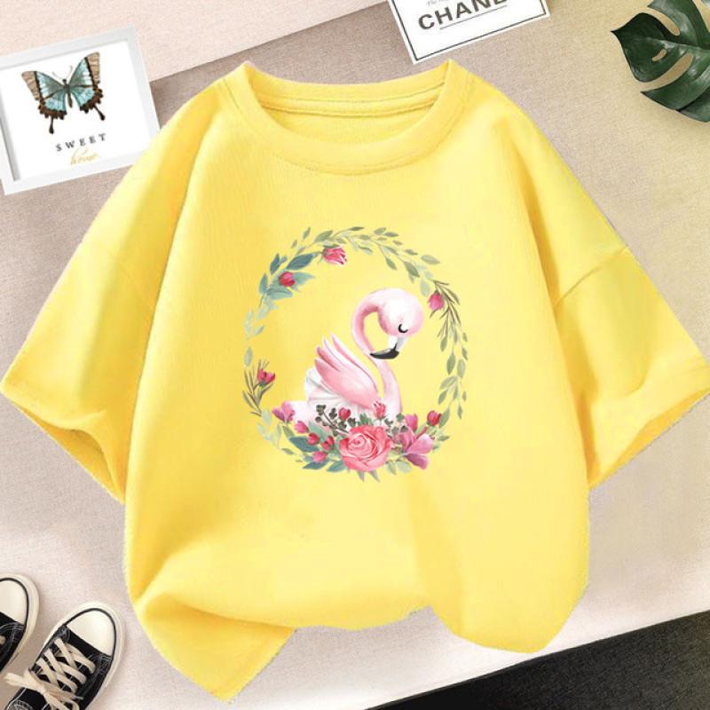 

Летняя милая детская футболка с рисунком фламинго и графическим принтом, топы Kawaii для девочек, модная дизайнерская одежда 11-12T(160cm)