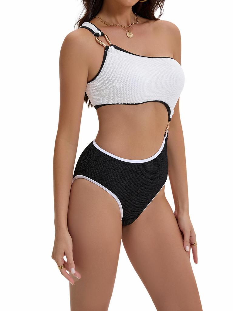 Color-matching Hollow-out One Shoulder Sexy Swimsuit Bikini
