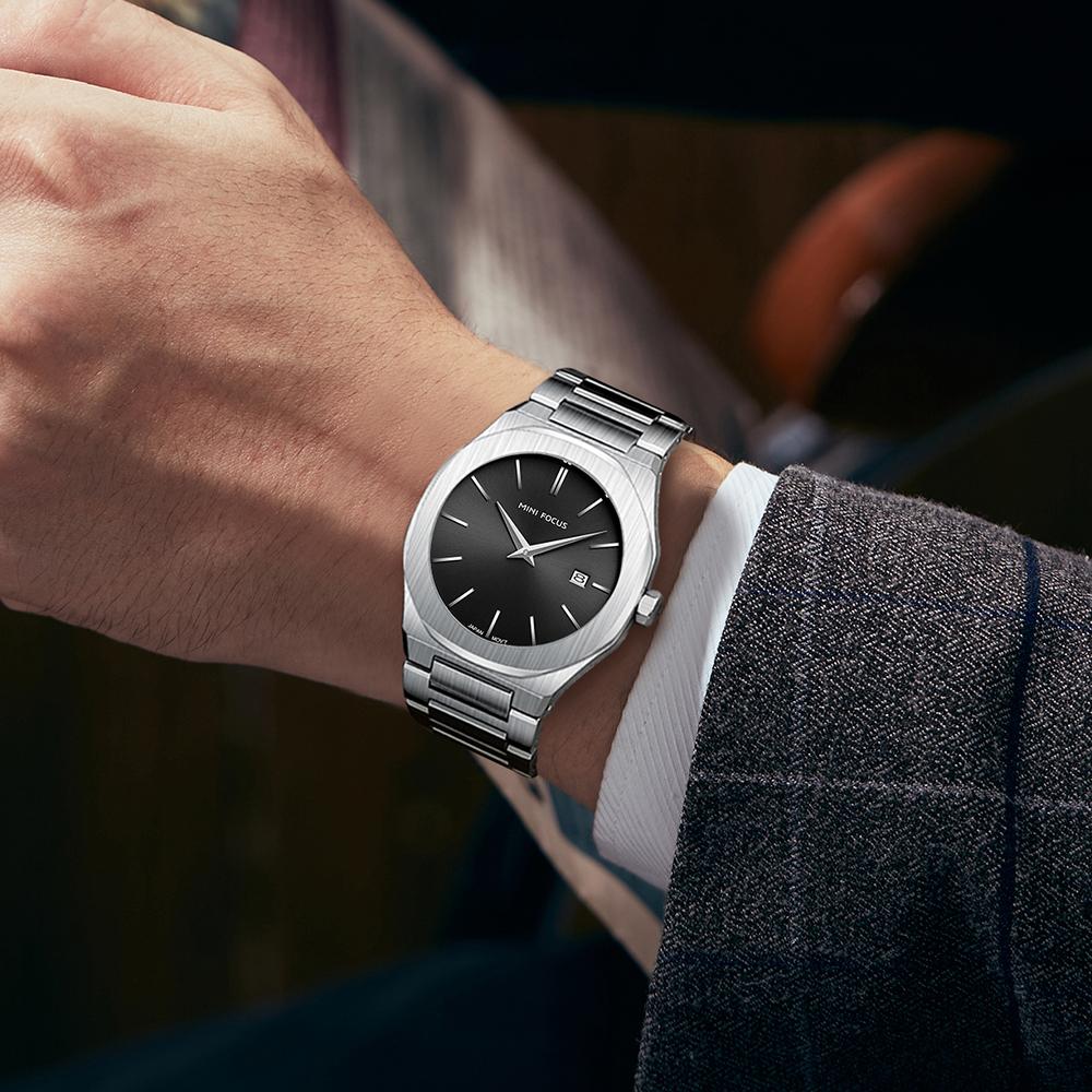 MINIFOCUS Men's Simple Quartz Watch with Stainless Steel Strap Date Display Water-Resistant Stylish Casual Wristwatch