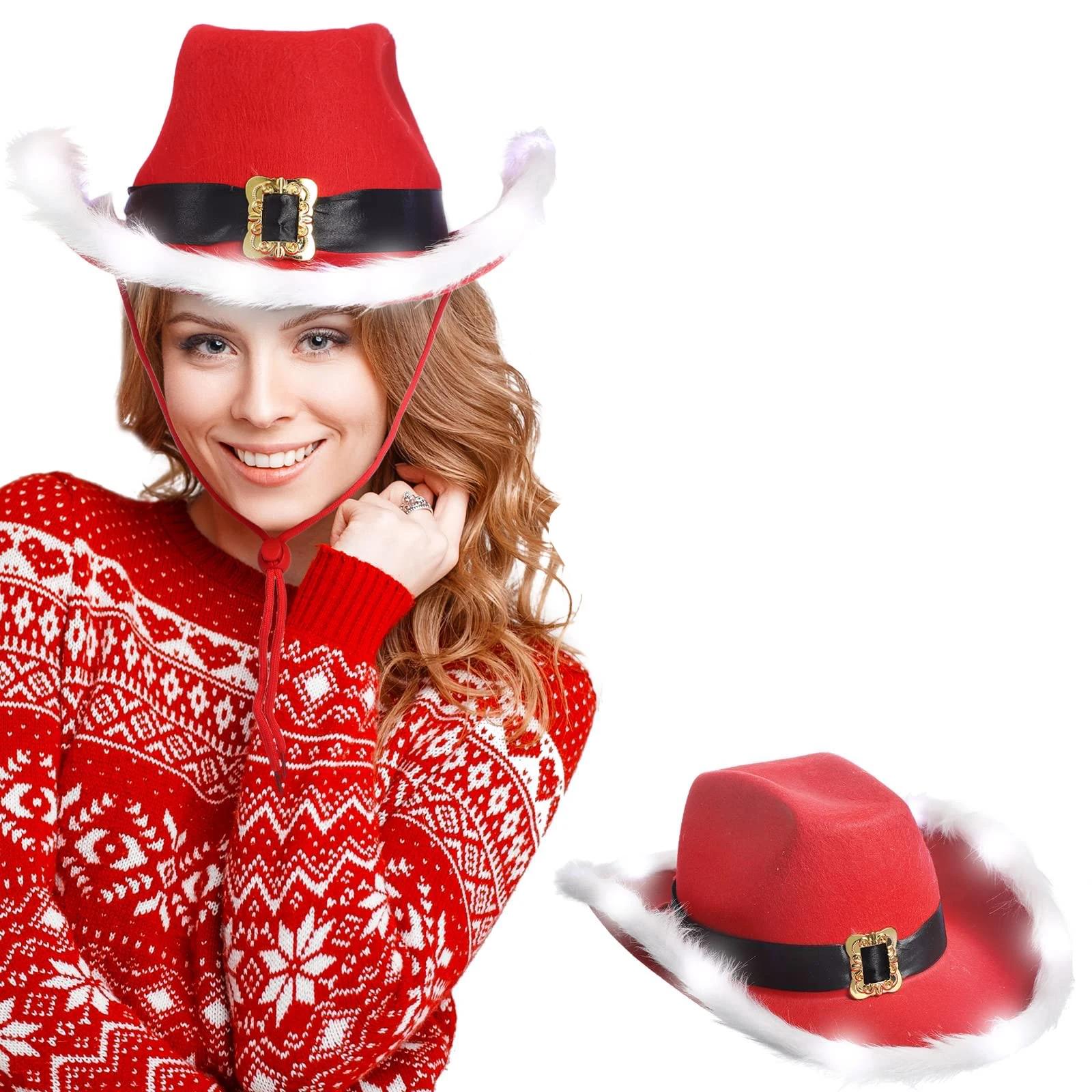 

Fluffy Santa Claus Party Christmas Luminous Cowboy Hat Western Red Felt Hats Wide Brim Cowgirl Hat Jazz Hat for Women Men