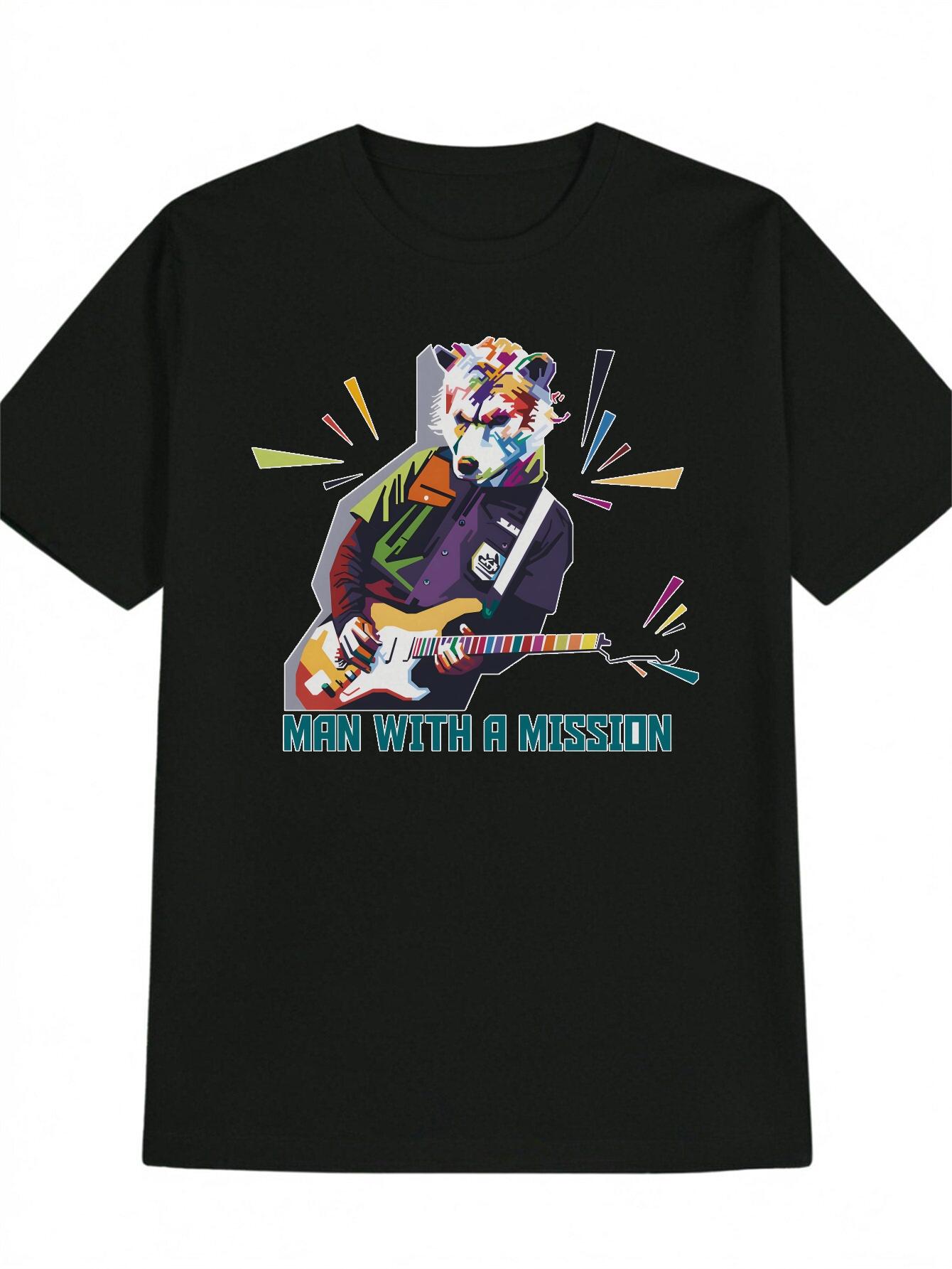 Casual Round Neck T-shirt with Playful Wolf & Guitar Print -  Man with a Mission  Graphic XXL