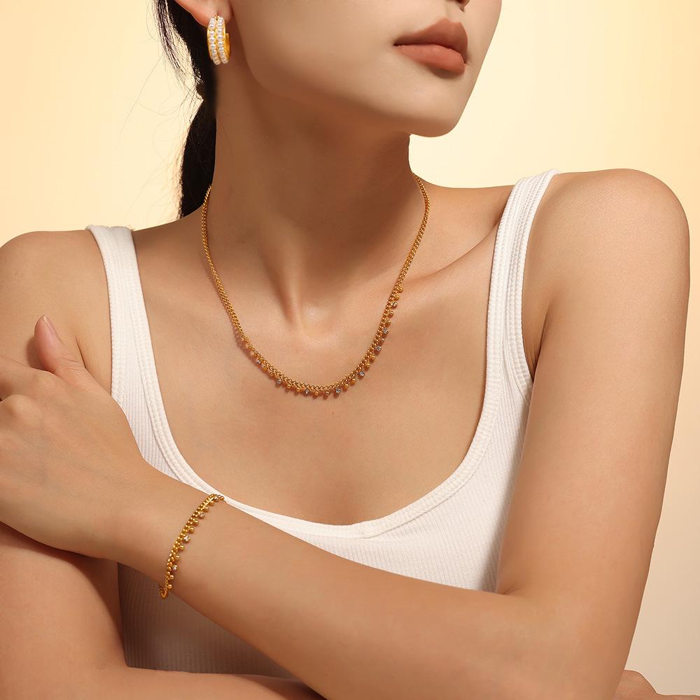 18K Gold-Plated Titanium Steel Necklace & Bracelet Set with Round Bead Spacer & Diamond Tassel