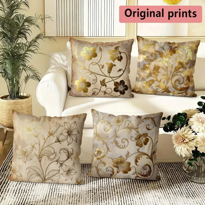 Vintage Gold Floral Throw Pillow Covers Pattern Cushion Cover Suitable for Sofa Bedroom Car Pillow Cover