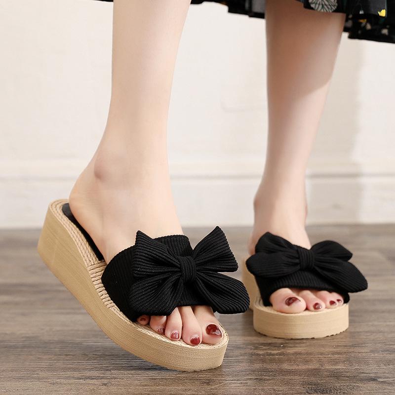 Damen Sommer Keilabsatz Sandalen mit Schleife - Lässige Strohsohle Strand Flip-Flops