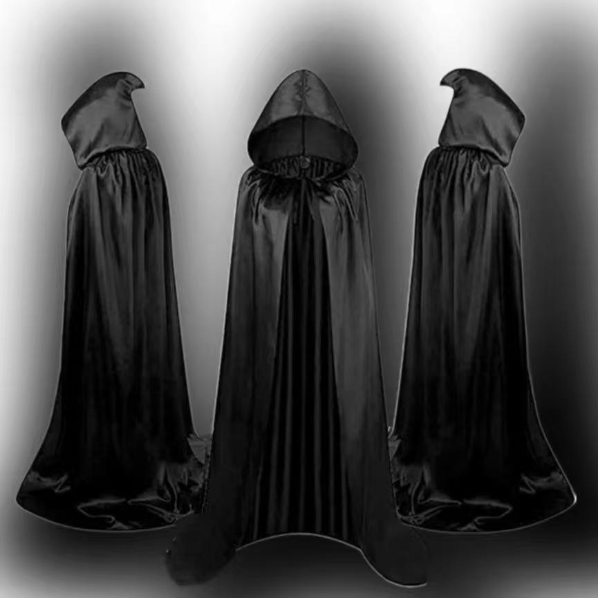 Halloween Black Satin Cloak Cosplay Costume: Grim Reaper/Vampire Robe for Adults & Children