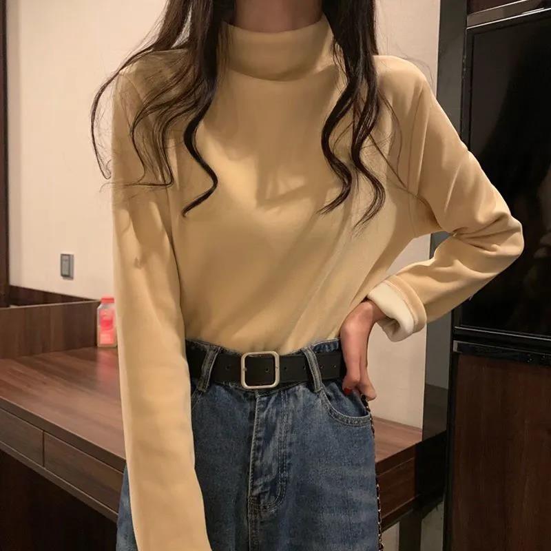 Autumn and Winter Semi-high Collar Plus Velvet Thickening Warmth and Comfort Sanding Base Shirt with T-shirt Long-sleeved Solid Color Top