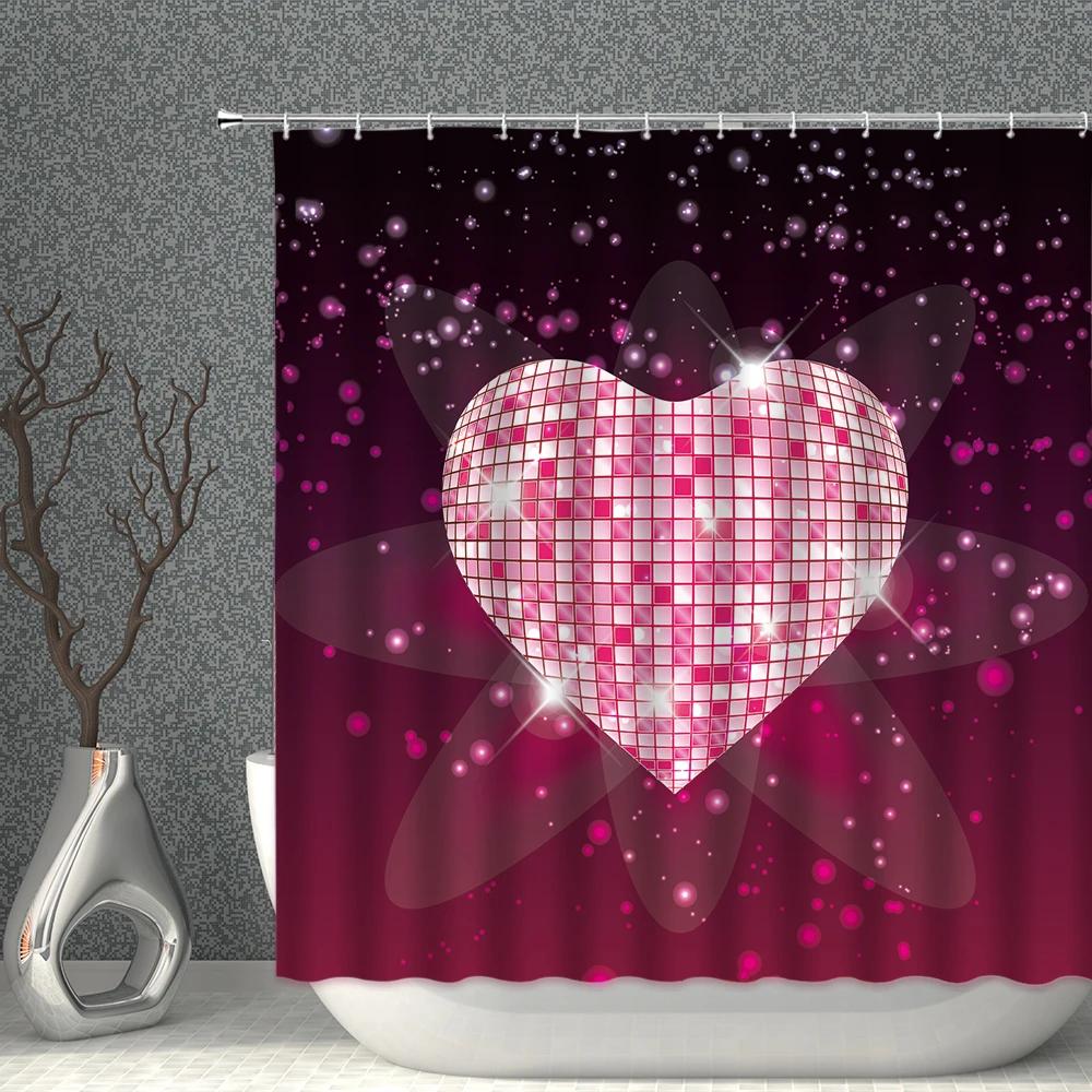 Valentine's Day Shower Curtain Rose Diamond Heart-Shaped Bathroom Curtains Suit Waterproof Polyester Fabric With Hook