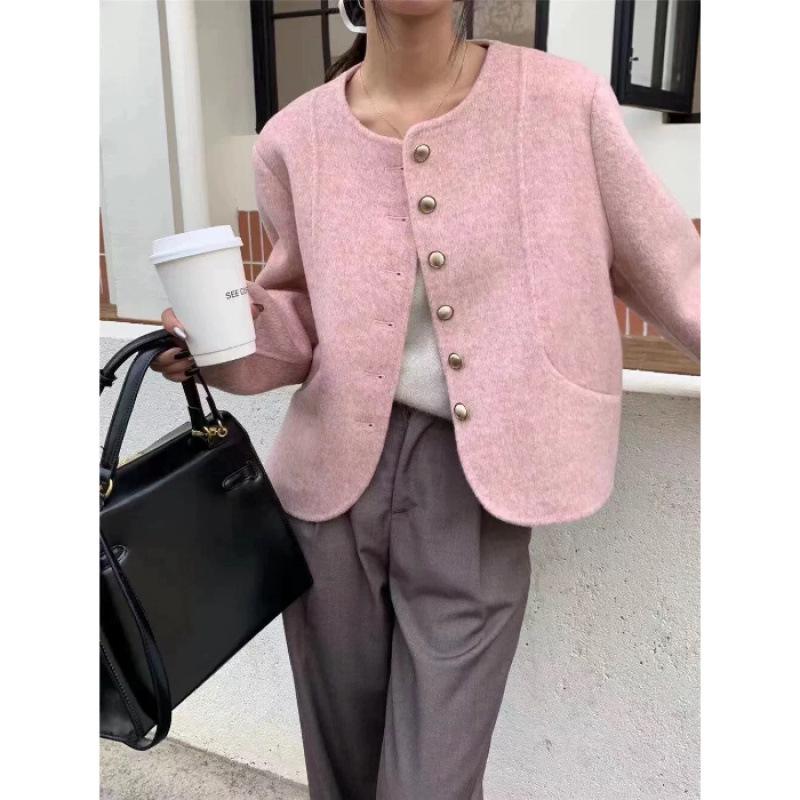 2025 Women s High-End Pink Petite Spring Cashmere Wool Coat L