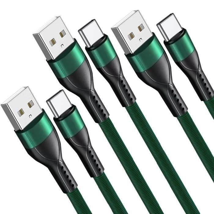 Lot-3 Câble USB-C 1M Charge Rapide 3A pour Samsung Galaxy A05s A15 A16 A25 A26 A35 A36 A55 A56 - Nylon Tressé Vert