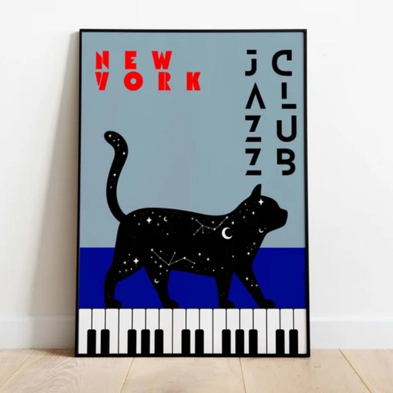 Black Cat with Piano Canvas Art Poster Fortune Cat Simple Canvas Painting Wall Art for Bedroom Living Room Home Office