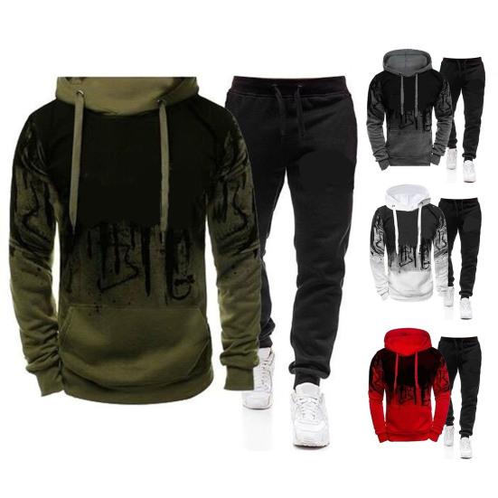 2 Pcs/set Men Hoodie Suit Splash-ink Print Drawstring Casual Sweat Absorption Long Sleeve Men Tracksuits for Daily Wear