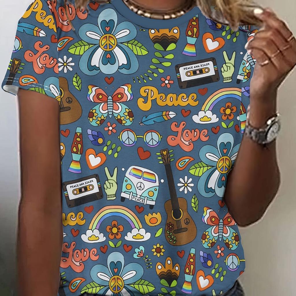1pc Women'S Peace and Love Printed Short Sleeve T-Shirt, Casual Crew Neck Polyester Top with Slight Stretch, All Over Print